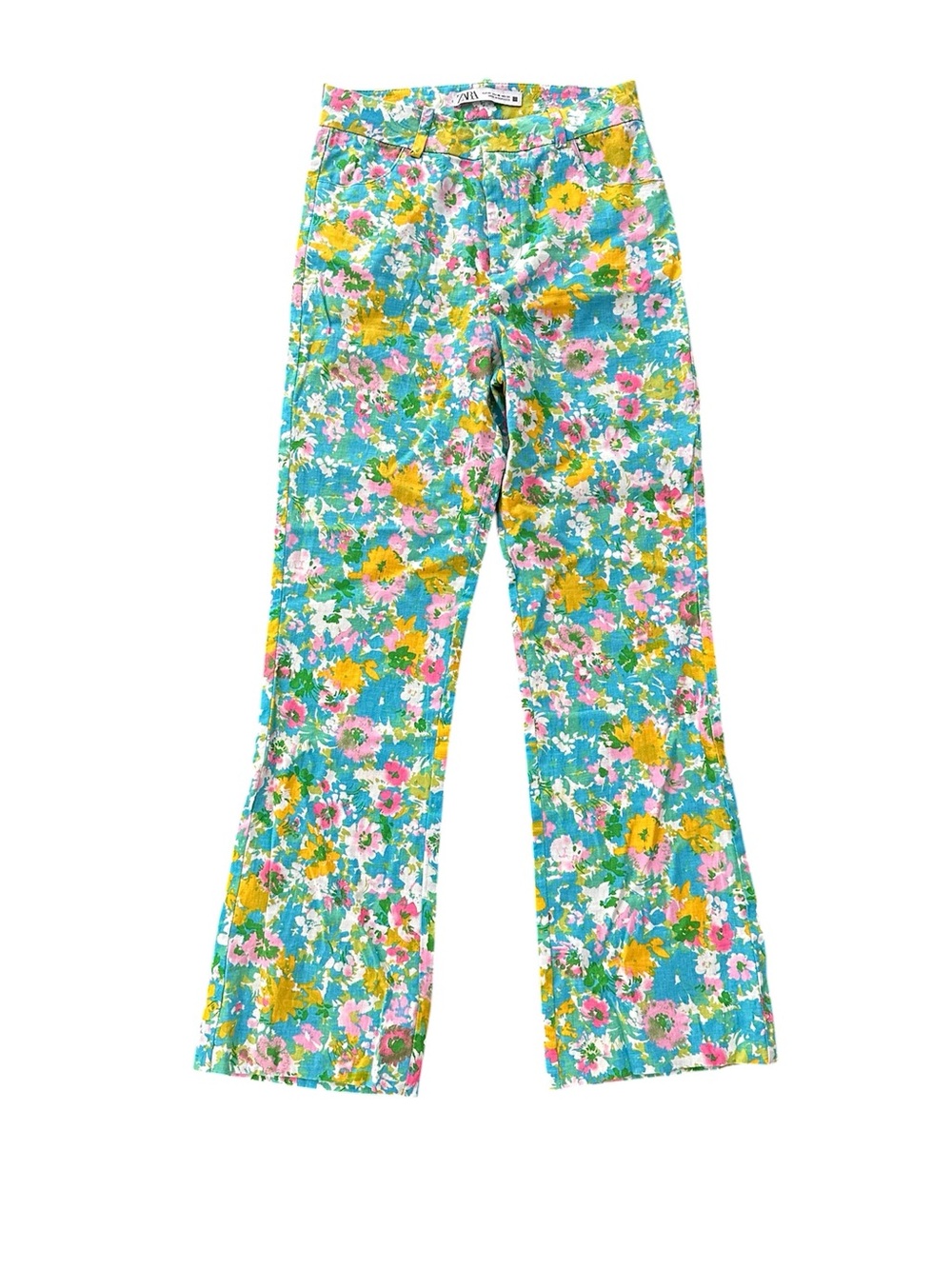 Zara Women's Size 00 Floral Linen Blend Mini Flare Trouser Pants Cropped, NWOT - Picture 2 of 5